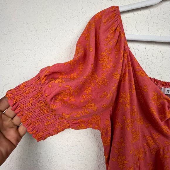 MIMI CHICA Womens L Scoop Neck Floral Smocked Sleeves Dress Pockets - Picture 7 of 9